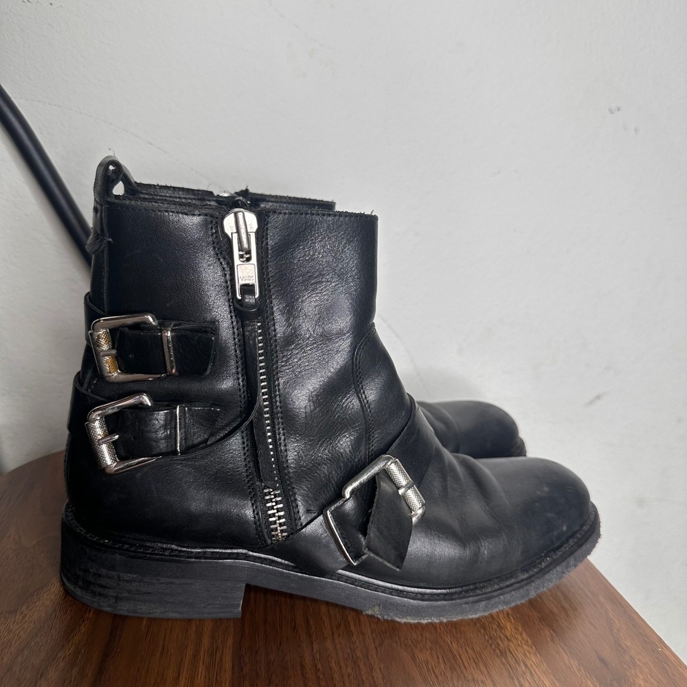 Billi Bi Copenhagen Black Leather Buckle Biker Ankle Boots Womens 41 Moto Zip